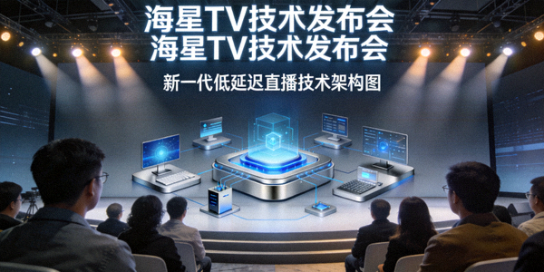 海星TV技术发布会现场，展示新一代低延迟直播技术架构图