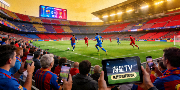欧洲足球联赛比赛画面，球迷在海星TV上观看免费精彩对决