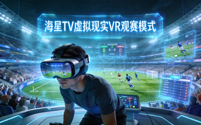 海星TV虚拟现实VR观赛模式概念图，用户通过VR设备沉浸于球场环境中